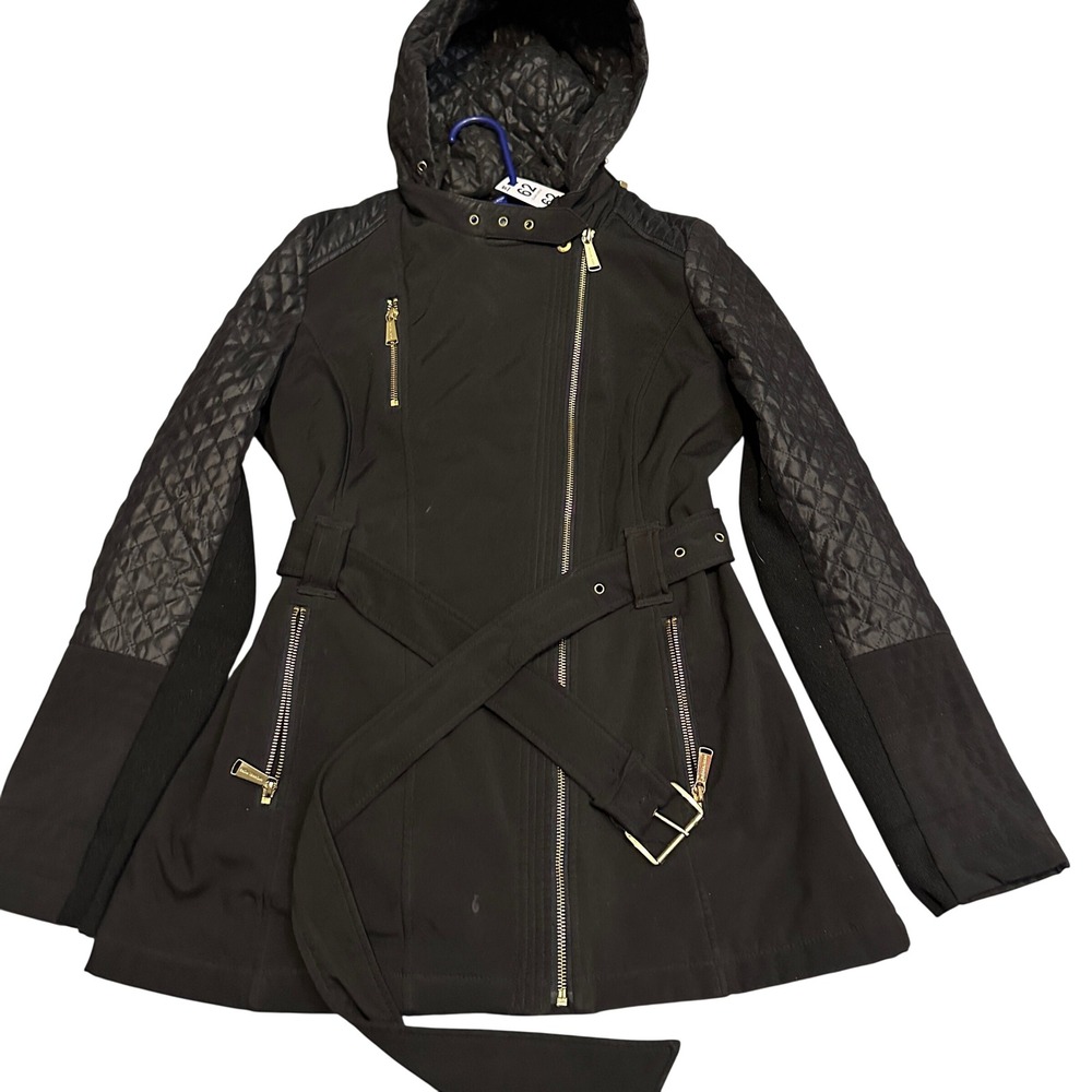 Michael Kors Black Quilted Hooded‎ Jacket Women's Size M Gold Zippers